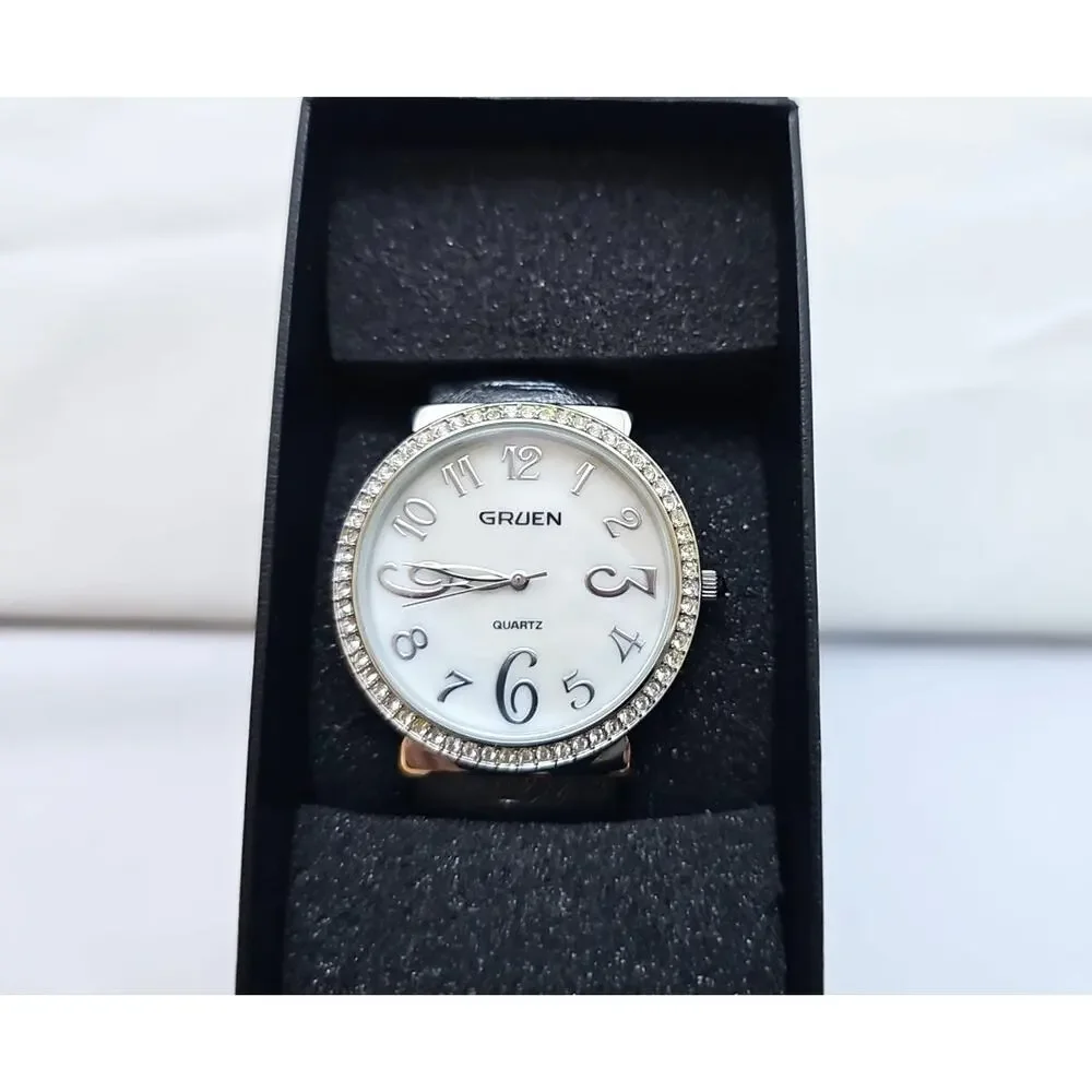 Gruen Womens Wrist Watch Gray Hard Bracelet Band Silver Trim White Face Quartz